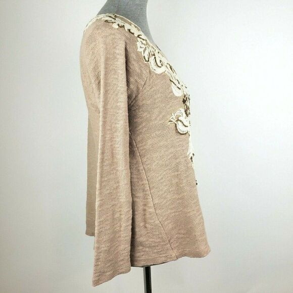 Meadow Rue Anthropologie Rococo Beaded Pullover Top Sweater Tan Ivory Lace sz XS - Picture 4 of 7